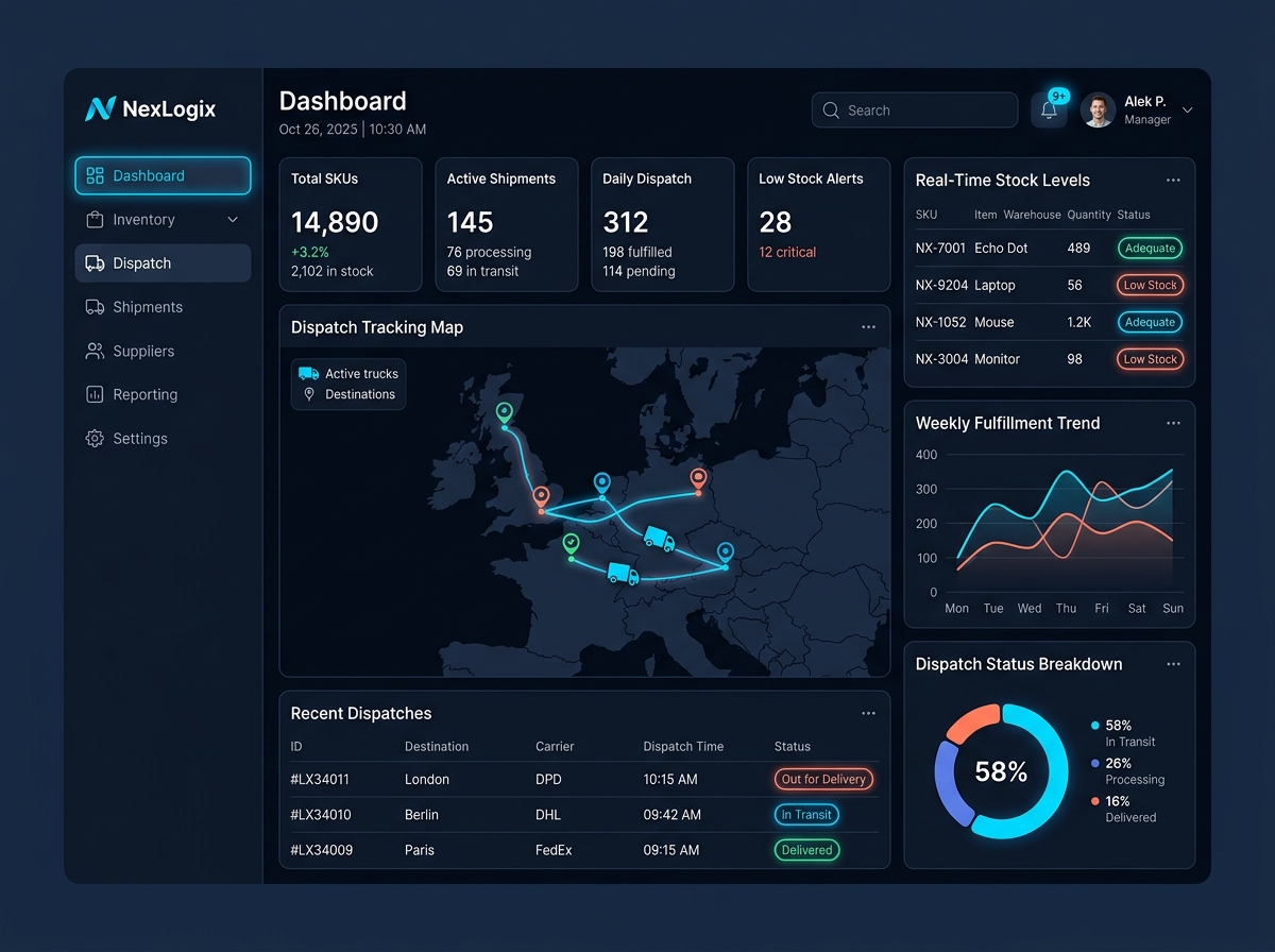 Warehouse ERP dispatch management dashboard with inventory and orders